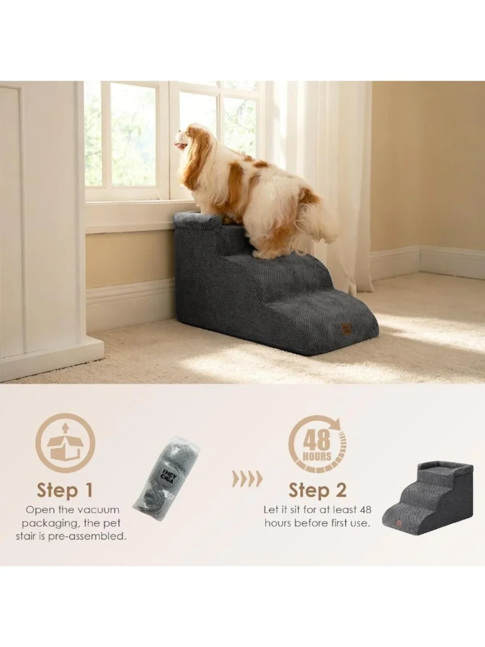Curved 3-Step Dog Stairs for Couch, Pet Ramp for Small Dogs, Grey 14